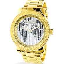 Mens World Map Diamond Watch by Luxurman 0.12ct Yellow Gold Tone