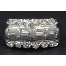 Mid-Century 14kt White Gold Three Row Baguette & Round 0.58cttw Diamond Band