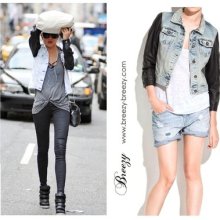 Motorcycle Branded Ladies Classic Vintage Bleach Denim Pu Leather Jacket Blazer