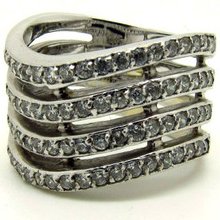 Multi - Row Cz Cocktail Vintage Thick Wide Ring In 14k Wg Wave Design Heavy