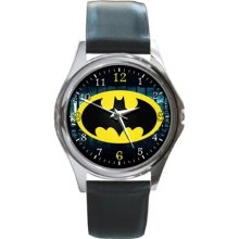 NEW* BATMAN Round Metal Watch Leatherband [#001] - Stainless Steel - Silver