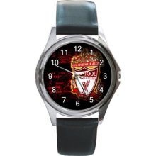 New* LIVERPOOL FC Round Metal Watch Leatherband [#002] - Stainless Steel - Silver