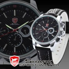 Newest Shark Sport Quartz Date Day Analog Leather Mens Silver Case Watch