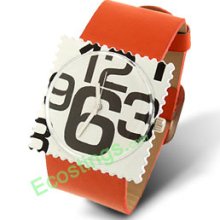 Numbers Pattern Orange Leather Watchband Ladies' Stamp Watch