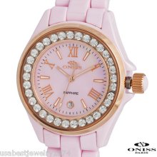 Oniss Pink Ceramic Swiss Mov't Watch Austrian Crystals Mop Dial Date $750