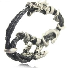 Opening Flying Dragon Man Real Leather Antique Silver Bracelets B13