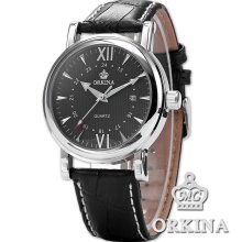 Orkina Mens High Quality Analog Sport Date Steel Case Leather Quartz Wrist Watch