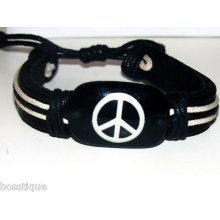 Peace Sign Inlay Black Bead, Black Leather Cord Bracelet