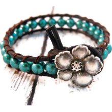 Pearl Leather Wrap Bracelet in Ultramarine Green with Silver Hibiscus Flower/ Winter Color/ Boho Modern Urban Chic