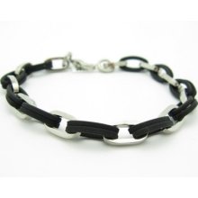 Platinum Stainless Steel & Black Rubber Uniue Hand Made Link Design Bracelet