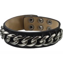 Polished Stainless Steel Curb Link Leather Cuff Bracelet