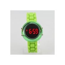 Popular Silicone Band Stainless Steel Case Digital Red LED Light Sports Style Round Mirror Face Wrist Watch Green