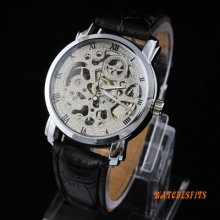 Popular Transparent Skeleton Roman Automatic Mechanical Leather Wrist Watch