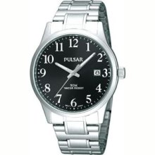 Pulsar Watch W/ Stainless Steel Expansion Bracelet & Black Dial