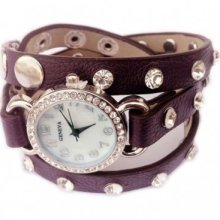 Purple Leather Clear Crystal Studded Wrap Watch