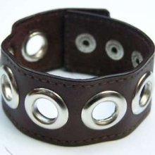 Real Leather Wristband Grommets Bracelet Cuff Brown