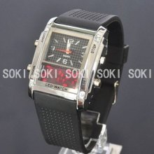 Red Led Dual Time Mens Digital Quartz Black Wrist Rubber Band Gift Watch S70