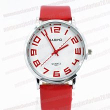 Red Twelve Numerals Analog Golden Faux Leather Band Lady/girl Wrist Watch M738r