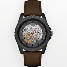 Relic Stainless Steel Black Ion Automatic Leather Skeleton Watch -