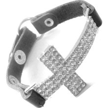 Rhinestone Cross Black Leather Bracelet
