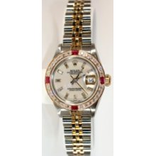 Rolex Ladies Steel and Gold Datejust - AMAZING! featuring Customized Diamond Ruby Bezel and Mother of Pearl Dial with Baguettes! - c. 1990's