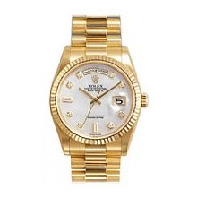 Rolex Oyster Perpetual Day-Date 18kt Yellow Gold Mens Unworn Watch White MOP Diamond Dial / Model # 118238