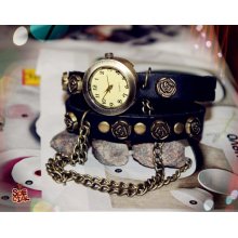 rose with double metal chain double wrap around vintage wrist watch,leather wrist watch,men wrist watch,women wrist watch,hanmade watch,riv