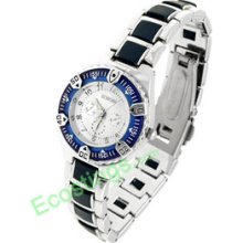 Round Night Vision Hands Steel Quartz Lady Watch Blue