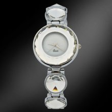 Round White Blind Dial Clear Topaz Cover Beads Gem Chain Stainless Steel Watch