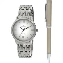 Sale: Peugeot Mens Silver Tone Watch And Pen Set 144m-st