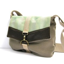 satchel // gray green tweed canvas - seafoam mint art deco woven canvas - pebbled brown vegan leather // crossbody bag - adjustable strap