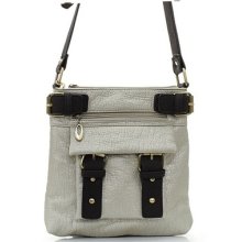 Silver & Chocolate Faux Leather Messenger Crossbody Handbag With Buckle Accent