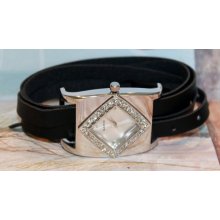 Silver and Swarovski Crystal Black Leather Wrap Watch with Silver Buckle