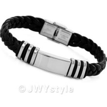 Silver Black Leather Stainless Steel Men Bangle Bracelet Us39c876