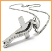 Silver Cross Topaz Wave Stainless Steel Mens Pendant