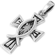 Silver Cross With Christian Fish Pendant Sterling 925 Religious Jewelry Gift
