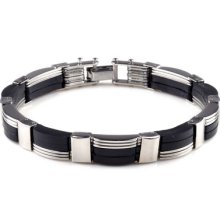Silver Stainless Steel Black Rubber Mens Bracelet Bangle Wristband 8.5