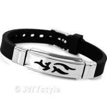 Silver Stainless Steel Black Rubber Men Wrist Band Bangle Bracelet Us39c982