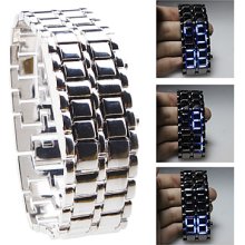 Silvery Metal Strip Digital Style Lava Iron Sport Mens Blue LED Faceless Wrist Watch