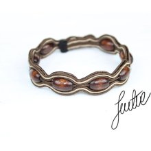 Simple, soutache, mens bracelet with wooden beads, sand, brown