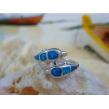 Size 6.25 High Polished Sterling Silver Blue Opal Double Dolphin Ring