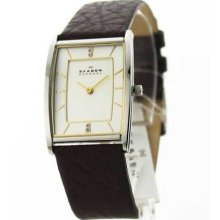 Skagen Women's White Dial Brown Leather Strap Watch - Skagen 294SSL1
