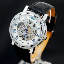 Skeleton Automatic Mechanical Watch Blue White Colors - Black Leather
