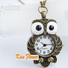 Small Size Vintage Style Bronze Big Eye Owl Design Quartz Pocket &am