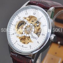 Soki White Mechanical Mens Automatic Leather Band Gift Watch M98