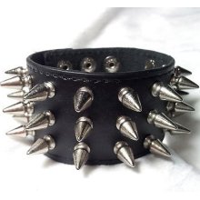 Spiked Real Leather Wristband Triple Row Adjustable Bracelet Cuff Gothic Punk