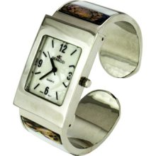 Square White Face Mother Pearl Abalone Accents Silver Cuff Bracelet Watch Women