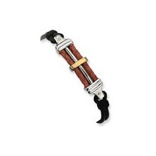 Stainless Black Rubber Brwn Leather 18k Accent Bracelet