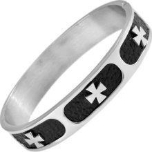 Stainless Steel 3 Chopper Iron Cross Cuff Bangle Bracelets With Black Leather