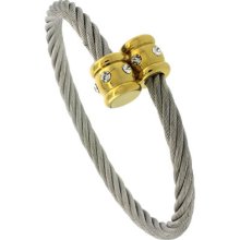 Stainless Steel 7 In. 2-tone Golf Cable Bangle Bracelet W/crystals Bss716